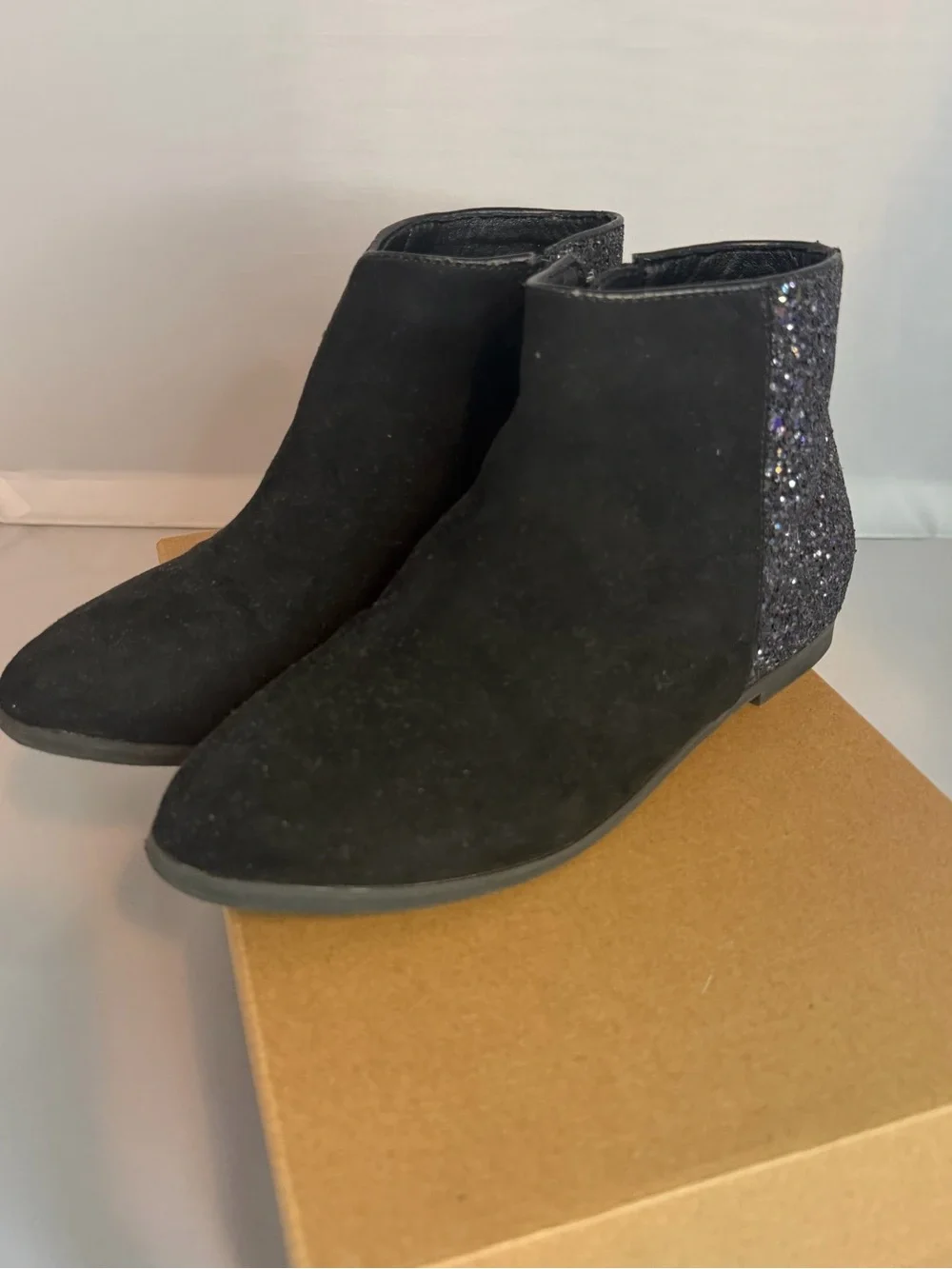 Crewcuts Black Suede Ankle Boots with Glitter Heel